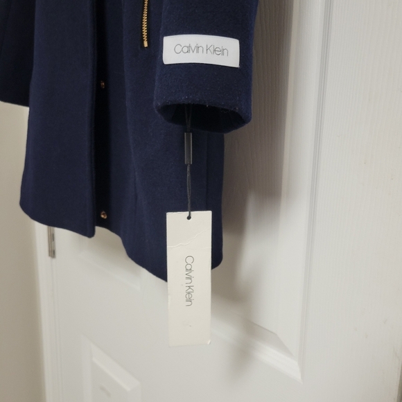 Calvin Klein NWT Faux Suede Elbow Patches Hooded Wool Blend Coat Size Small. - Picture 7 of 13